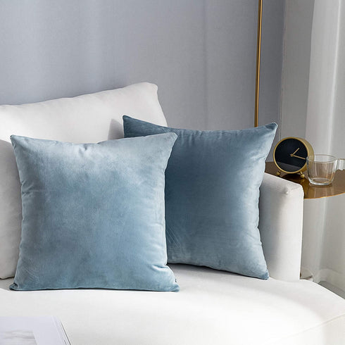 Stellhome Super Soft Decorative Velvet Cushion Covers Square Throw Pillow Covers for Bed Couch Sofa Bench, 20 x 20 inch (50 cm), Silver Blue, Pack of 2 Square Solid Throw Pillow Case