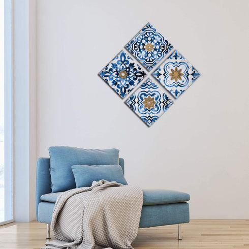 Cortolar Mandala Wall Art Canvas Prints Abstract Boho Painting Pictures Blue Artwork for Bedroom Living Room Bathroom Decor (12"x12"x4pcs)