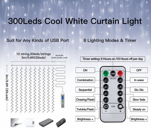 Ollny Curtain Lights Christmas Cool White 300 LED 9.8ftx9.8ft, Remote USB Powered 8 Lighting Modes Timer Waterproof Hanging Lights Indoor Outdoor for Xmas Thanksgiving Wedding Party Patio Decorations