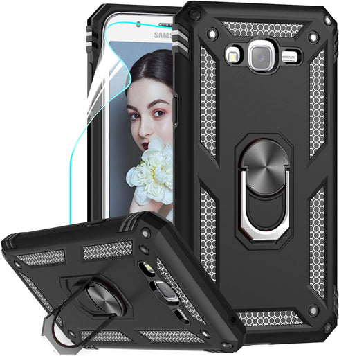 LeYi Compatible for Samsung Galaxy J7 Case,J7 2015/ SM-J700 Case with HD Screen Protector, Military-Grade Rotating Kickstand Full-Body Protective Phone Cover Case for Samsung Galaxy J7 2015,Black