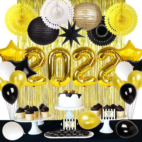 New Years Party Supplies, Graduation Party Decorations, Gold 2022 Balloons Latex Balloon Metallic Gold Fringe Curtain Paper Lanterns Paper Fans for Anniversary Grad New Years Eve Party (Black/Gold)