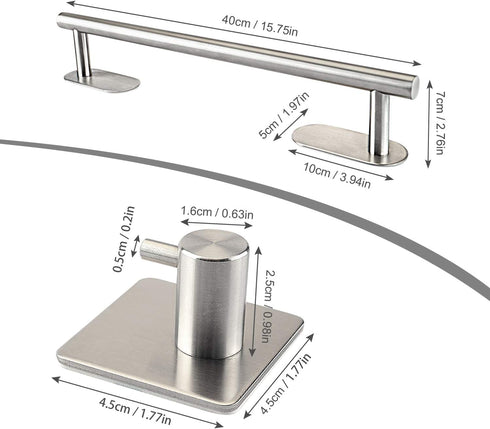 M V VOIMAKAS Self Adhesive Towel Rack Set for Bathroom, 3M 304 Stainless Steel Brushed Nickel Kitchen Towel Bar for Washroom Glass Ceramic Tile Wall Mounted 15.7in