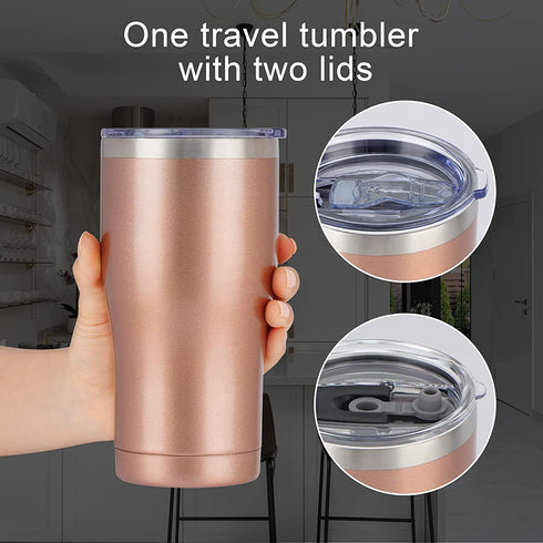 Lifecapido 20oz Tumbler, Stainless Steel Travel Tumbler, Double Wall Vacuum Insulated Tumbler with Lid and Straw, Durable Powder Coated Travel Mug, Thermal Tumbler for Cold Hot Drink, Rose Gold