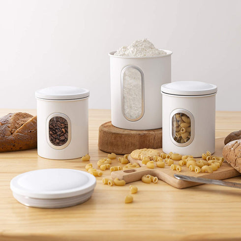 Deppon Stainless Steel Bread Box and 3-Piece Airtight Canister Set, Large Capacity with Clear Window for Kitchen Counter, White