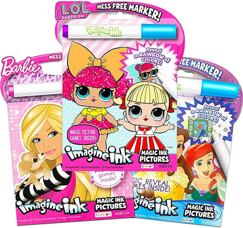Girls Coloring Book Imagine Ink for Girls Super Set ~ Bundle Includes 3 No Mess Magic Ink Activity Books Featuring Disney Princess, LOL Dolls, and Barbie