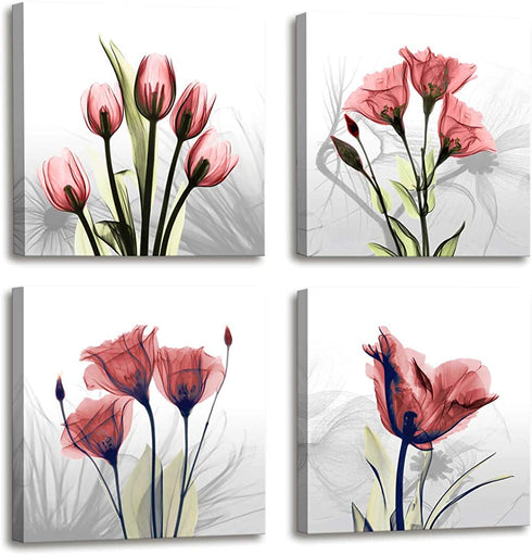 Moyedecor Art - 4 Panel Elegant Tulip Flower Canvas Print Wall Art Painting For Living Room Decor And Modern Home Decorations (Four 12X12in, Red flower)