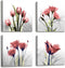 Moyedecor Art - 4 Panel Elegant Tulip Flower Canvas Print Wall Art Painting For Living Room Decor And Modern Home Decorations (Four 12X12in, Red flower)