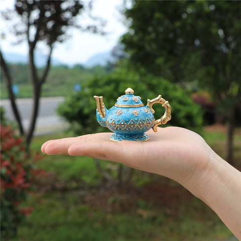 Waltz&F Retro light blue teapot Trinket Box Hinged Hand-painted Figurine Collectible Ring Holder