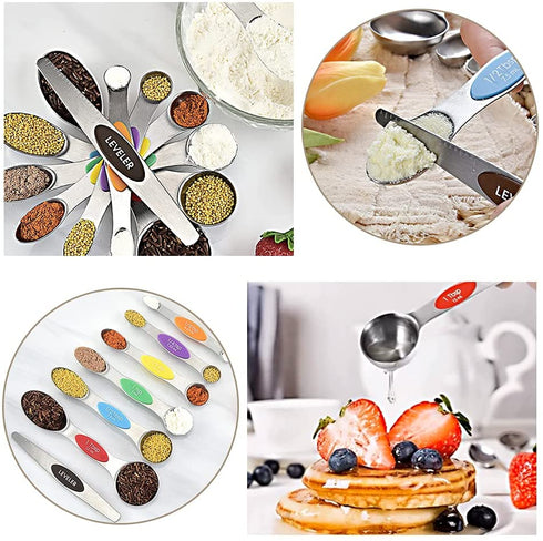 Sunnyac Measuring Spoons with Strong Magnets, Set of 8 Stainless Steel Measuring Spoons with Leveler, Double-Ended Metal Teaspoon and Tablespoon for Dry and Liquid Ingredients (Multi-colored)