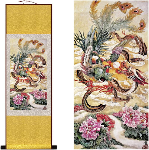 Zzooi Chinese Lucky Painting Dragon and Phoenix Wall Art Hanging Silk Art Prints,Asian Spiritual Animals Painting