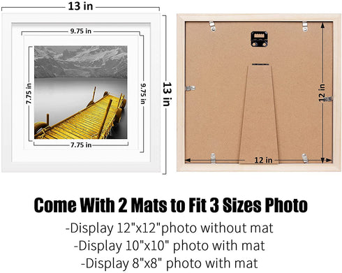 12x12 Picture Frames White Solid Wood Display Pictures 10x10 or 8x8 with Mat or 12x12 without Mat - 12x12 Inch Square Photo Frames with 2 Mats for Wall or Tabletop Mount, 1 Pack