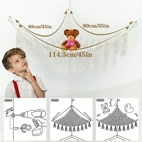 Stuffed Animal Toy Hammock Macrame, Hanging Organizer Pet Net Holder Boho Display Corner Plush Toy 3 nails for Girl Nursery Playroom Bedroom Kids Room (45inch)