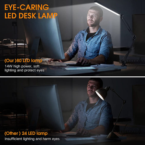 LED Desk Lamp, ENOCH 14W Eye-Caring Metal Swing Arm Desk Lamp with Clamp, 3 Modes, 30 Brightness Dimmable Clamp Desk Light with Memory Function/USB Adapter, Architect Table Desk Lamps for Home Office