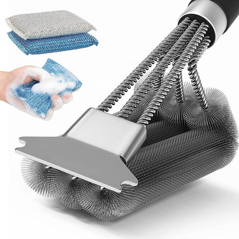 Grill Brush and Scraper Bristle Free, Grill Cleaner -Extra Strong Grill Cleaning Brush,18" Stainless Steel Barbecue Triple Scrubber BBQ Brush for Gas/Charcoal Grilling Grates -Scrubbing Sponges