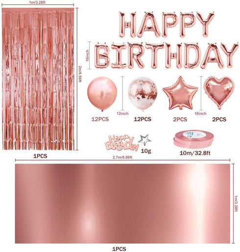 MOVINPE Rose Gold Birthday Party Decoration, Happy Birthday Banner, Rose Gold Fringe Curtain, Foil Tablecloth, Heart Star Foil Confetti Balloons, 10g Table Confetti for Women Girl Birthday Party