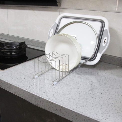 Pot Lid Organizer Pan Lid Organizer Kitchen Pot Lid Rack Suitable for Bakeware Dish Plate, Cutting Boards, Pots & Pans, Serving Trays, Reusable Holder FLSEPAMB(2 Pack+Eight Silicone Foot Covers)