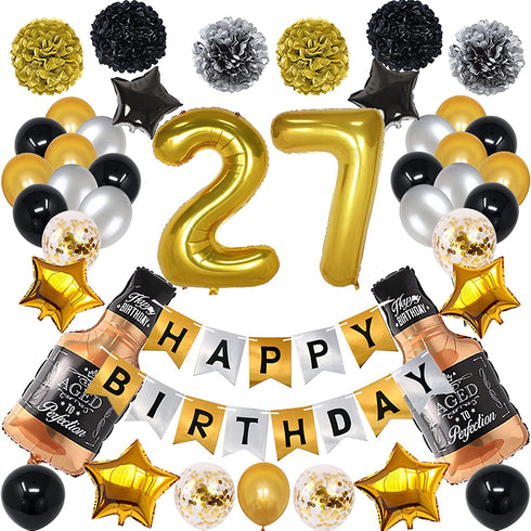 NANINUNENO 27th Gold Birthday Decorations,Gold Black Silver Happy Birthday Balloons Supplies for Boy Men Girl Women,27 Birthday Party Set with27 Gold Number Balloons Happy Birthday Banner and Whiskey Bottle Balloons