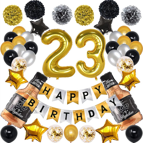 NANINUNENO 23rd Gold Birthday Decorations,Gold Black Silver Happy Birthday Balloons Supplies for Boy Men Girl Women,23 Birthday Party Set with23 Gold Number Balloons Happy Birthday Banner and Whiskey Bottle Balloons