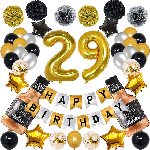 NANINUNENO 29th Gold Birthday Decorations,Gold Black Silver Happy Birthday Balloons Supplies for Boy Men Girl Women,29 Birthday Party Set with29 Gold Number Balloons Happy Birthday Banner and Whiskey Bottle Balloons