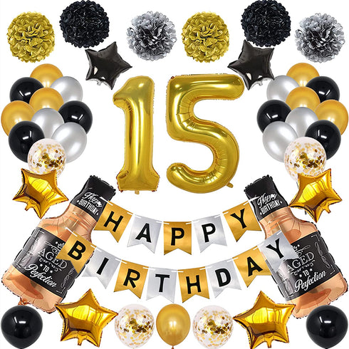 NANINUNENO 15th Gold Birthday Decorations,Gold Black Silver Happy Birthday Balloons Supplies for Boy Men Girl Women,15 Birthday Party Set with15 Gold Number Balloons Happy Birthday Banner and Whiskey Bottle Balloons