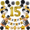 NANINUNENO 15th Gold Birthday Decorations,Gold Black Silver Happy Birthday Balloons Supplies for Boy Men Girl Women,15 Birthday Party Set with15 Gold Number Balloons Happy Birthday Banner and Whiskey Bottle Balloons