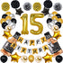 NANINUNENO 15th Gold Birthday Decorations,Gold Black Silver Happy Birthday Balloons Supplies for Boy Men Girl Women,15 Birthday Party Set with15 Gold Number Balloons Happy Birthday Banner and Whiskey Bottle Balloons