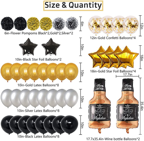 NANINUNENO 27th Gold Birthday Decorations,Gold Black Silver Happy Birthday Balloons Supplies for Boy Men Girl Women,27 Birthday Party Set with27 Gold Number Balloons Happy Birthday Banner and Whiskey Bottle Balloons