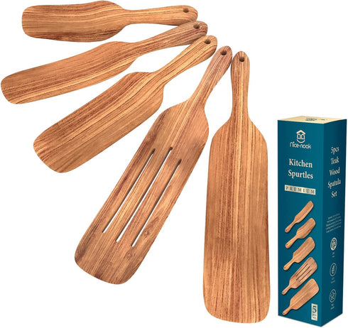 Spurtle set As Seen on TV- Nice-nook 5pc wooden spoons for cooking made with Premium teak wood-Cookware Utensils For Non Stick , Baking, Smashing, Scooping, Spreading, Serving and More-Great gift.