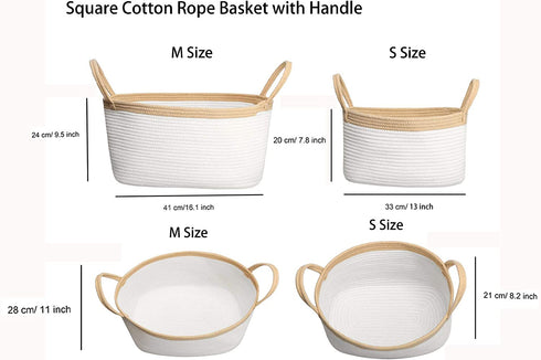 Rope Basket with Long Handles, Woven Basket, Baby Kids Room Toy Storage, Portable Hampers, Towel Storage Basket Woven Rope Basket, Nursery Hampers, Dog Toy Basket, (M Square 24 cm 28 cm 42 cm)