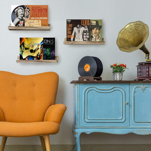 Vinyl Record Display Shelf Wall Mounted, Set of 3 Rustic Wood Album Record Holder, Record Frame Ledge Lp Albums Holder Storage Wall Mount, Modern Record Shelf with Wide Groove for Home and Office