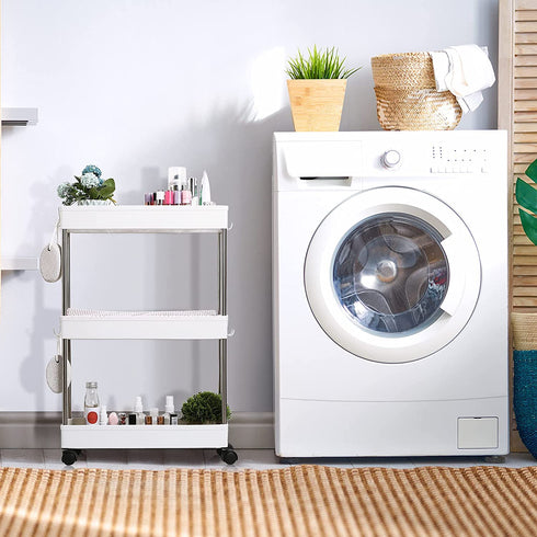 3 Tier Slim Storage Shelves Cart Rolling Utility Cart Mobile Shelving Unit Organizer Slid Out Utility Cart with Wheels and 8 Pieces Metal Hooks for Bathroom Kitchen Office (White)