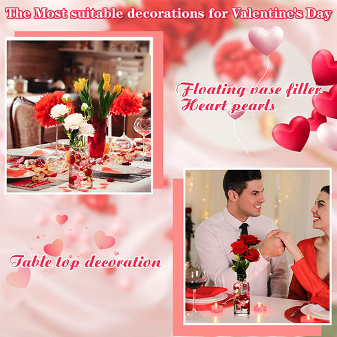 Juinte 2120 Pieces Valentine's Day Vase Filler Wedding Decoration Heart Pearl Red Pink Heart Pearls Water Gels Beads Floating Candles Centerpiece for Valentine Wedding Home Dinning Table Party Decor