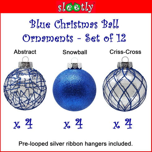 Sleetly Blue Ornaments for Christmas Tree Shatterproof Ball Decorations, 3.15", Set of 12