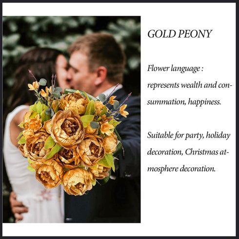 JUSTOYOU 2 Bunches Artificial Peonies, 12 Heads Faux Peony Flowers, Peonies Flowers for Decoration, Silk Flowers Bulk, Flores Artificiales para Decoracion, for Wedding, Party Decor (Gold)