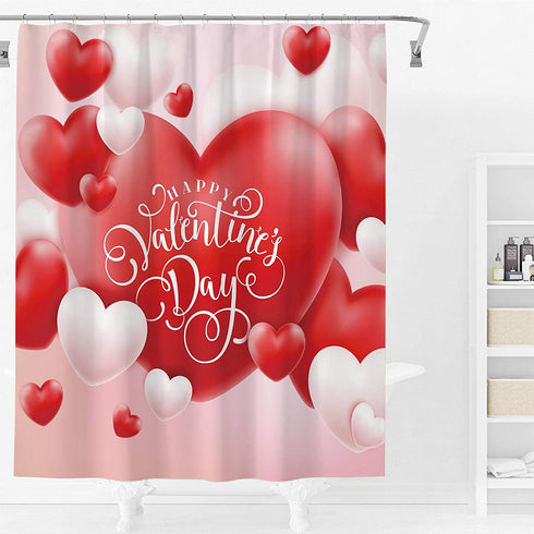 Allenjoy 72x72 inch Valentine's Day Shower Curtain Set Romantic Red and White Heart Shaped Balloons Decor Home Bathroom Bathtub Curtains Durable Waterproof Washable Fabric with 12 Hooks