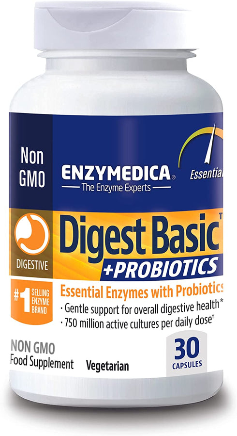 Enzymedica, Digest Basic + Probiotics, Gentle Enzymes for Digestive Health, Breaks Down Carbs, Fats and Proteins with Protease, Amylase and Lipase, 750 Million CFU, Vegetarian, 30 Capsules
