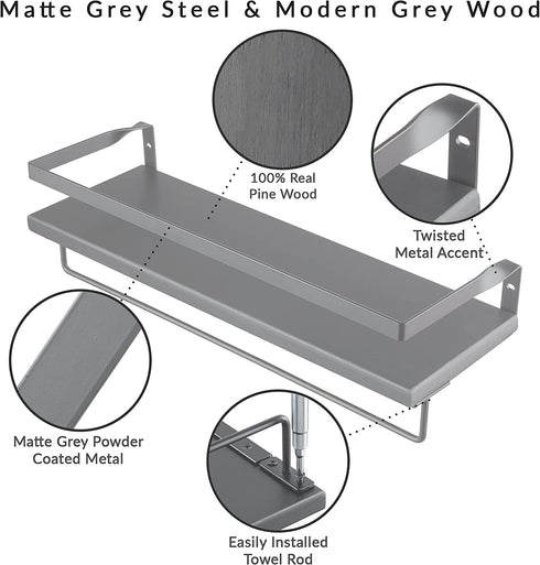 Peter's Goods Modern Floating Shelves with Rail - Wall Mounted Bathroom Wall Shelves with Towel Bar - Also Perfect for Bedroom Decor, Office and Kitchen Storage - Solid Pine Wood Shelf Set of 2 (Grey)