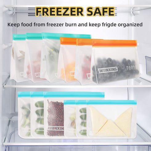 WIINXING Reusable Food Storage Bags- 12 Pack BPA FREE Stand Up and Flat Freezer Bags( 6 Large Leakproof Sandwich Bags + 6 Medium Food Grade Kids Snack Bags) Resealable Lunch Bag for Meat Fruit Veggies