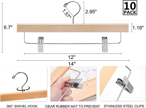 Amber Home Natural Wooden Pants Hangers 10 Pack, Solid Wood Skirt Hanger Bottom Hanger Clips Hangers for Slacks, Jeans, Shorts with 2-Adjustable Clips (Natural, 10 Pack)