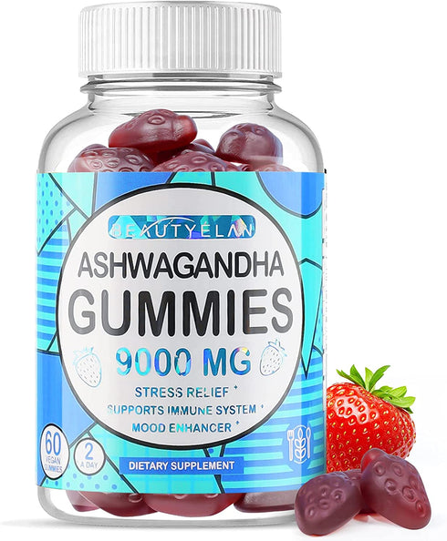 BeautyÉlan Ashwagandha Gummies for Women Men 9000mg - Vegan Stress Relief Gummy - Ashawanga Root Extract with Vitamin D Supplement for Calm Mood, Relaxed Sleep & Immunity Support, Non-GMO 60 Gummies