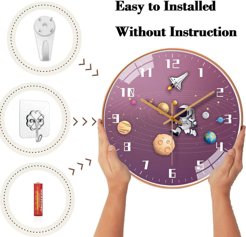 QINFIEY 12 Inch Silent Movement Kids Wall Clock, Non Ticking Children Round Wall Clock Battery Operated Space Travel Style Decor Children Clock for Home School Girls Bedroom Living Room (Pink)