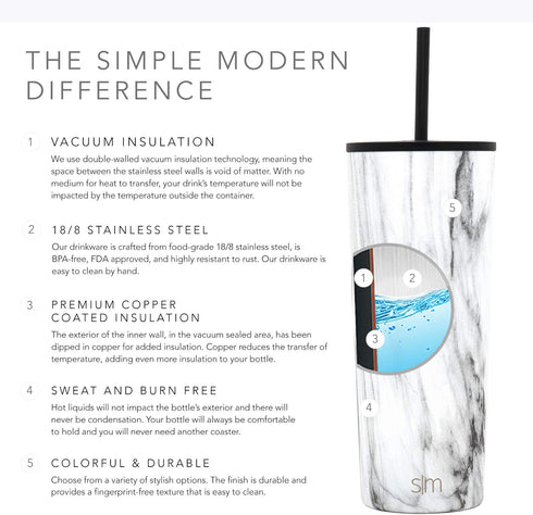 Simple Modern Insulated Tumbler Cup with Flip Lid and Straw Lid | Reusable Stainless Steel Water Bottle Iced Coffee Travel Mug | Classic Collection | 28oz (830ml) Pattern: Carrara Marble