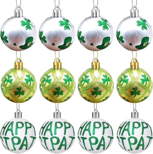 Medoore 12 Pieces St Patrick Ornament Ball-St. Patrick's Shamrock Hanging Ball Ornament, Good Luck Clover Decoration Baubles for Tree Baubles Table Shelf Festival Decorations, 3 Styles