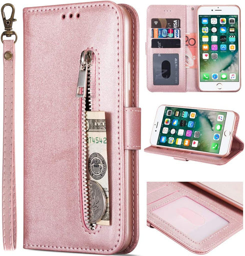 KUDEX iPhone 7 Plus Wallet Case for Women,iPhone 8 Plus Case, Flip Leather Shockproof Magnetic Zipper Pocket Wallet Purse Case w/Stand Card Slot Holder Wrist Strap for iPhone 7 Plus/8 Plus (Rosegold)
