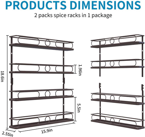 Farmhouse Style Hanging Spice Rack for Wall Mount,4 Tier Pantry Cabinet Door Spice Rack Holder,Seasoning Organizer ,Bronze