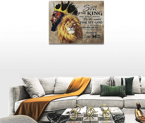 African American Wall Art Lion and King Canvas Wall Decor Black Man Poster Motivational and Inspirational Quotes Home Decor Afro Black King Framed Artwork for Bedroom King Wall Decor for Men 16"x12"