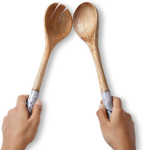 Folkulture Salad Servers or Salad Tongs, Wooden Utensils for Serving Salad, 12-inch Spoon and Fork Set, Mango Wood, Blue Servers