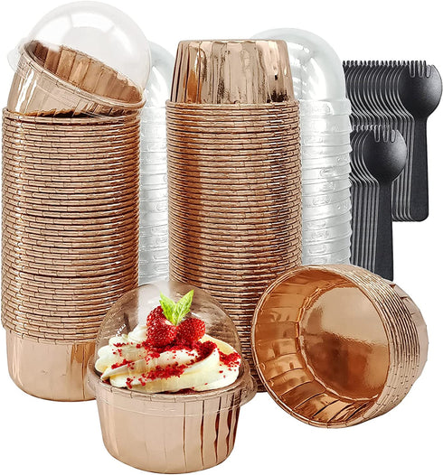 Foil Cupcake Liners With Lids 100 Pack,LNYZQUS 5.5 Oz Cupcake Tins Muffin Tins,Disposable Ramekins Muffin Cups Cupcake Cups Wrappers Holders For Wedding Party,with Spoons-Champagne
