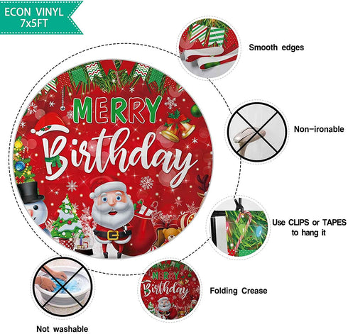 Allenjoy 7x5ft Red and Green Merry Birthday Christmas Photo Backdrop for Kids Family Happy Holiday Friendsmas Xmas New Year Eve Jolly Santa Claus Party Supplies Decoration Banner Photoshoot Background