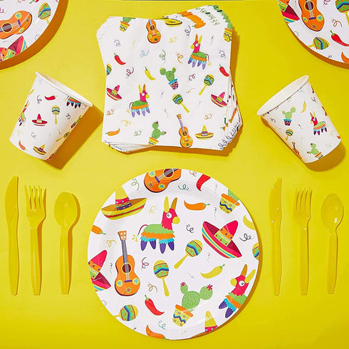 144 Pieces Let's Fiesta Disposable Dinnerware Set for Birthday Party Supplies, Cinco de Mayo Paper Plates, Yellow Cutlery, Cups, Napkins (Serves 24)